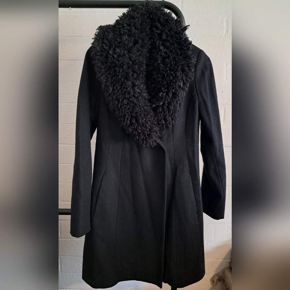 Moda International Black Wool-Blend Trench Coat with Faux Shearling Collar